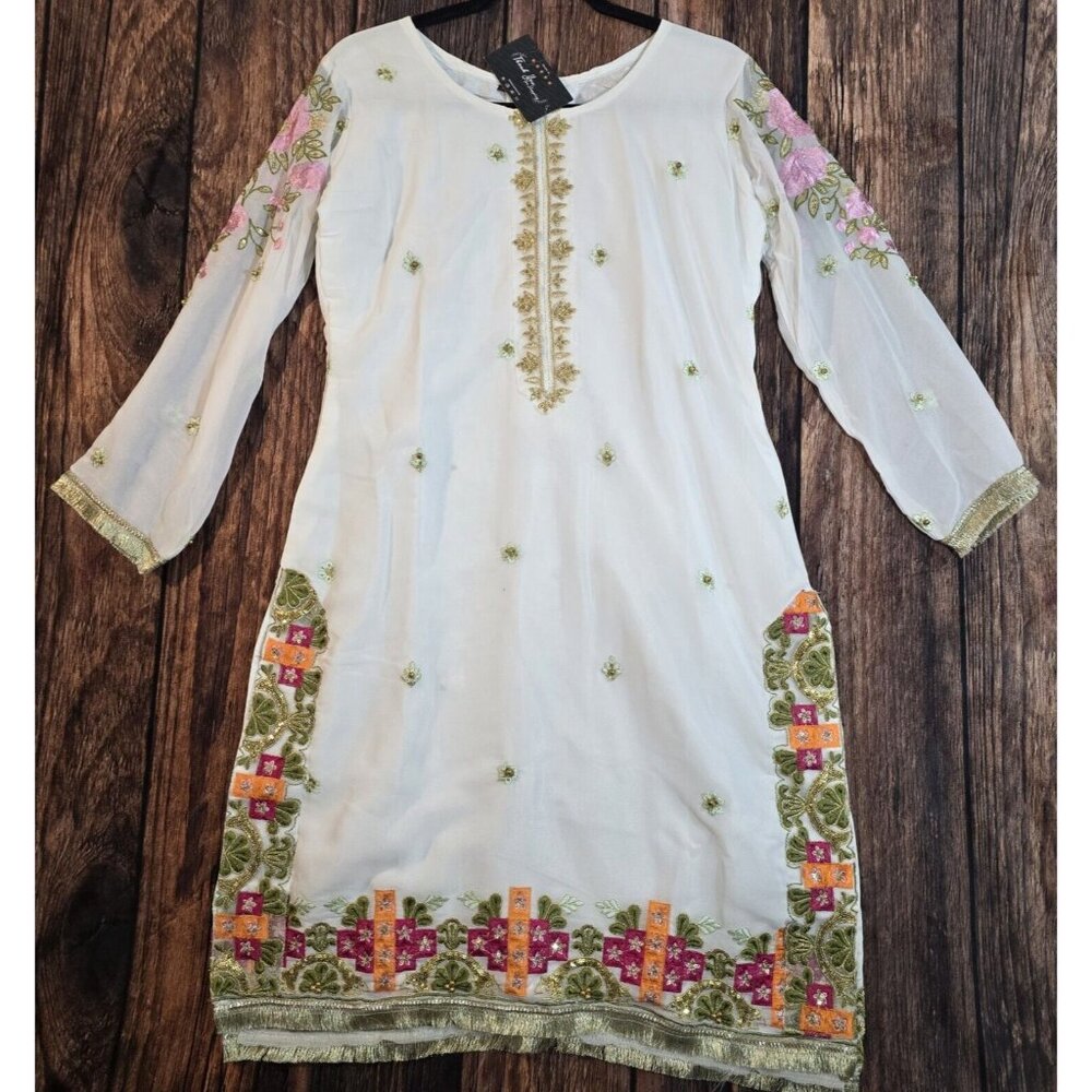 Stella Couture Dress Embroidered Appliqued Beaded Fringed Sheer 3/4 Sleeve Sz M